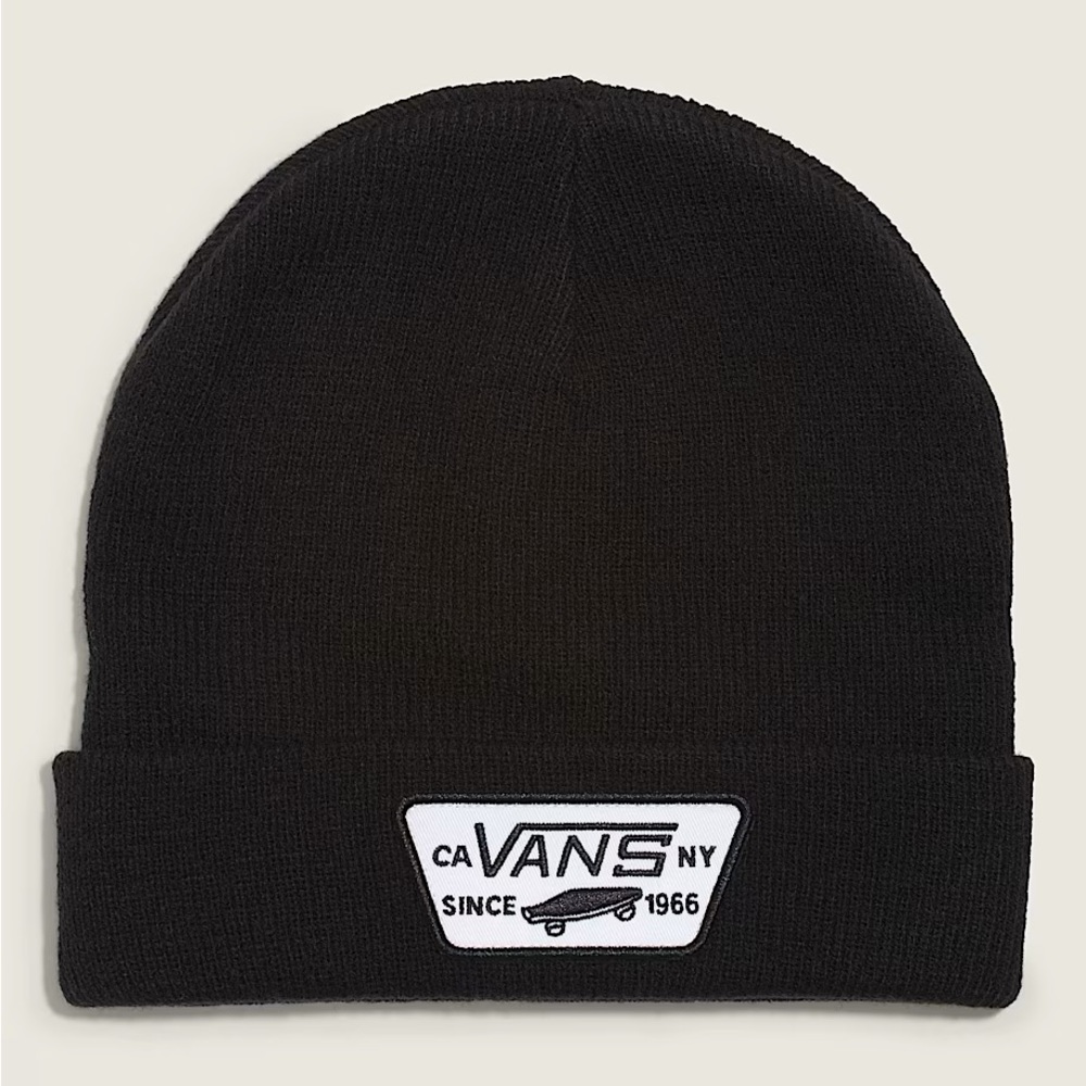 Black Vans Milford Beanie white patch skater vibes headwear outdoor casual hat